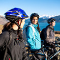 Mountain bikers talking in the outdoors